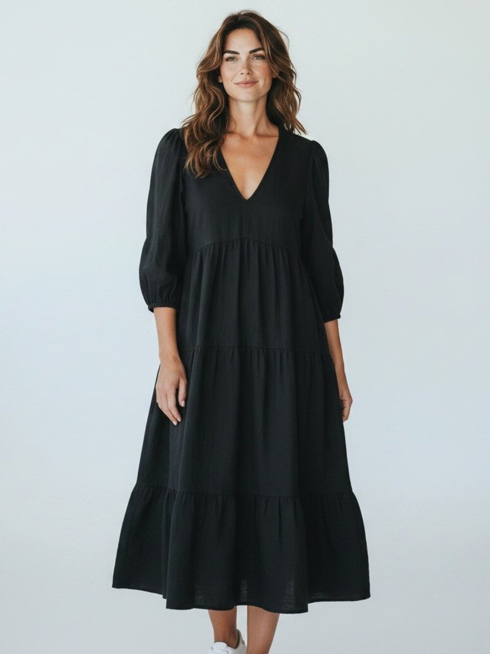 Zara Black Tiered Embroidered V Neck Balloon Sleeve Midi Dress